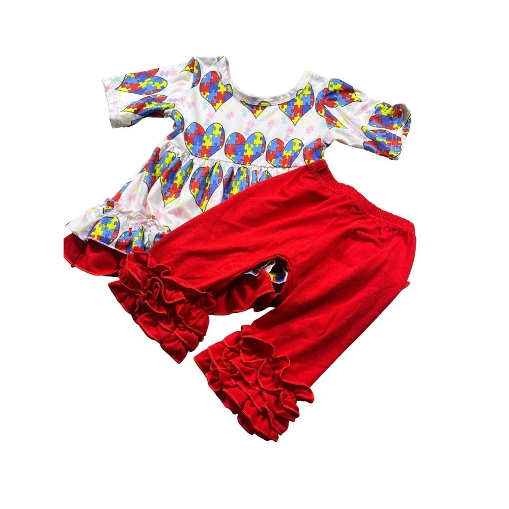 Autism Awareness‎ Girls Boutique Outfit Puzzle Heart Dress Red Ruffle Pants